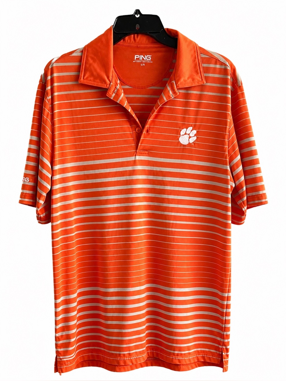 PING Orange and White Striped Polo with Paw Emblem